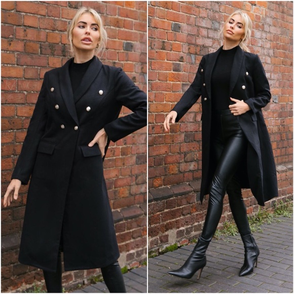 Jackets & Blazers - black button down  classic trench pea coat jacket